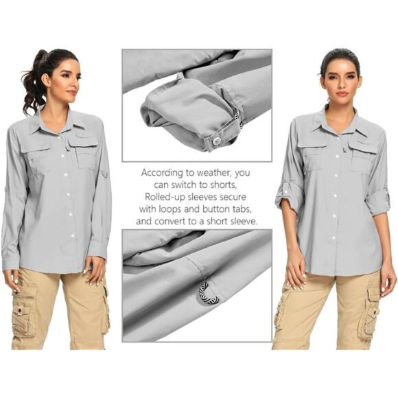 Women's UPF 50+ UV Sun Protection Safari Shirt, Long Sleeve Outdoor Cool Quick - Picture 3 of 7